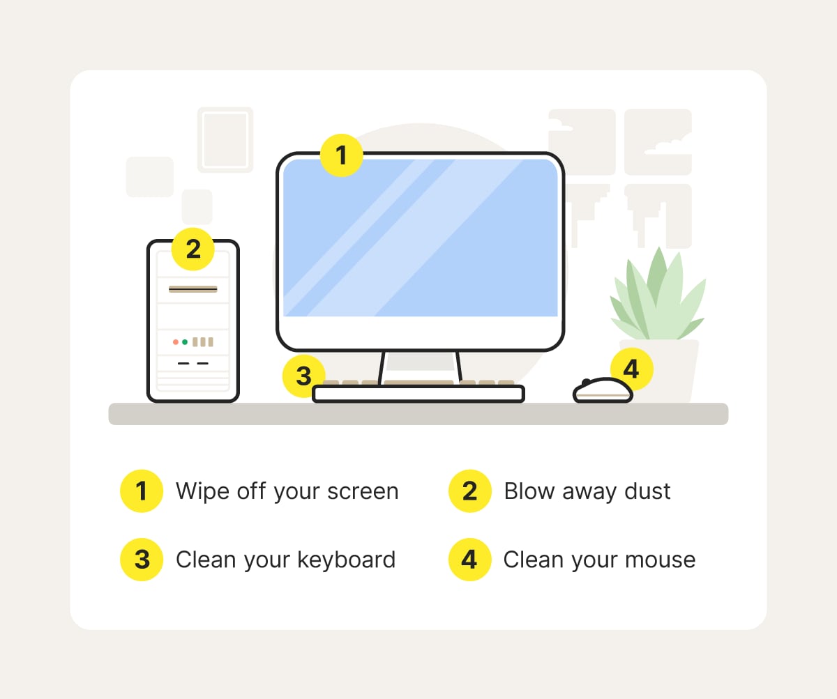 A diagram showing the components you should clean as part of regular computer maintenance.